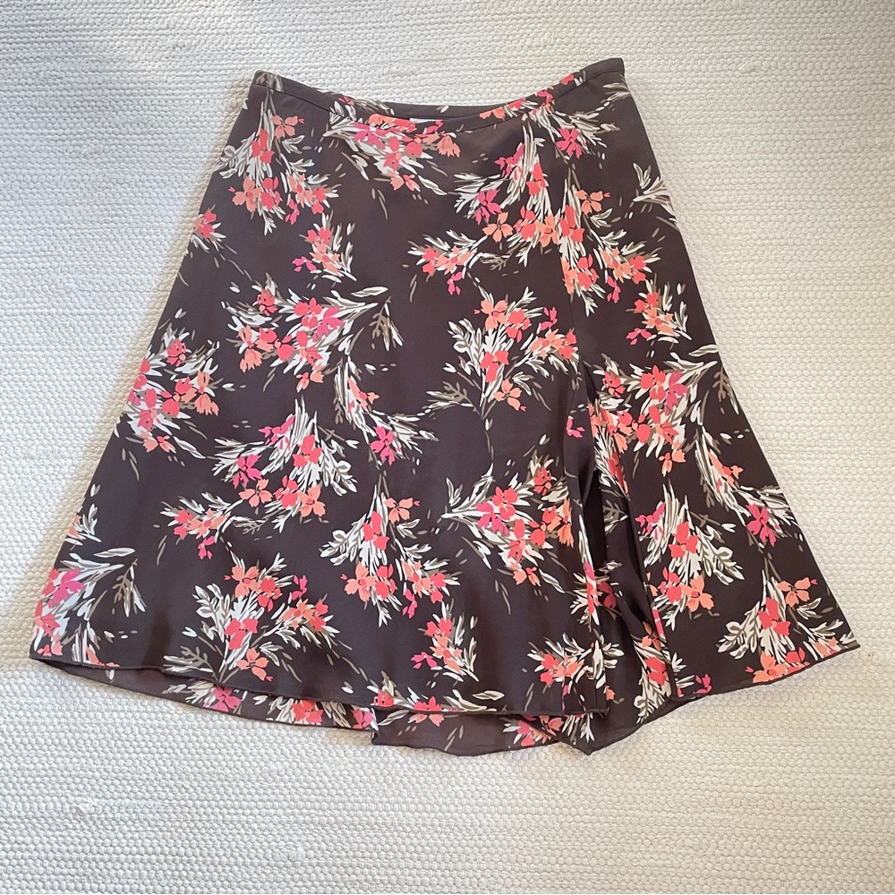 Ann Taylor LOFT Petite Silk Flare A-Line Brown Red Floral Skirt Lined Size 0P
